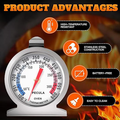 Stainless Steel Oven Thermometer 50-300°C/100-600°F, Analog Instant Read, Battery-Free Kitchen Cooking Thermometer, Hook & Stand Design Food Thermometer for Oven, Grill, Smoker, Fryer - Image 5