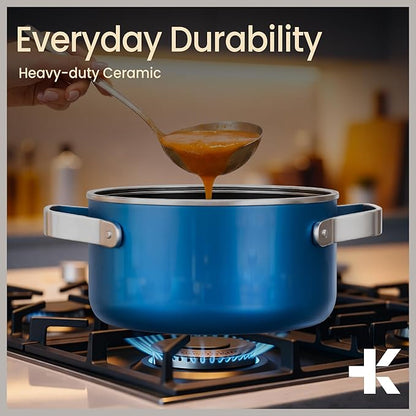 Bakken 3 Quart Ceramic Coated Stock Pot with Lid, Easy to Clean Nonstick Pot, Tempered Glass Lid, Riveted Stainless Steel Handles, Oven Safe Up To 500°F, PTFE & PFAS Free, All Stove Compatible, Blue - Image 7