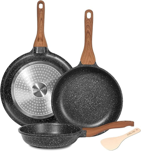 ESLITE LIFE Nonstick Ceramic Frying Pans Skillets Set, Non-Toxic Egg Omelette Kitchen Cooking Pans Compatible with All Stovetops (Gas, Electric & Induction), PTFE & PFOA Free (Black) by ESLITELIFE