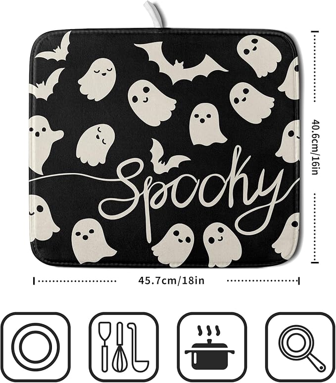 Halloween Dish Drying Mat for Kitchen Counter 16x18 Cute Ghost Black Spooky Holiday Scary Theme Absorbent Reversible Microfiber Drying Mats Kitchen Countertop Protector Dishes Drainer Pad - Image 2