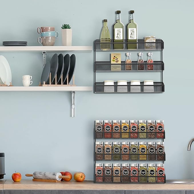 AULEDIO 2 Pack Spice Rack Organizer, 3 Tier Counter-top Stand or Wall Mounted Storage Rack Hanging Shelf for Kitchen Cabinet, Cupboard, Pantry Door Bathroom Shower Cosmetic (Black) - Image 3