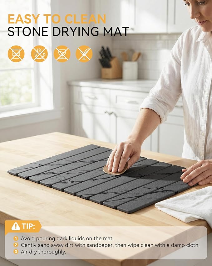 Yofidra Large Stone Dish Drying Mat for Kitchen Counter, Quick Dry Stone Mats with Absorbent Diatomaceous Earth, Foldable Roll Up Drying Organizer Pad for Utensils Plate, 24"×16", Dark Gray Marble - Image 7