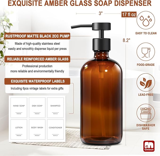 GMISUN Amber Glass Soap Dispenser, 4 Pack Bathroom Hand Soap Dispensers with Stainless Steel Flat Pump, 17 Fl Oz Kitchen Dish Soap Dispenser, Modern Vintage Liquid Brown Soap Dispensers Bottle Set - Image 3
