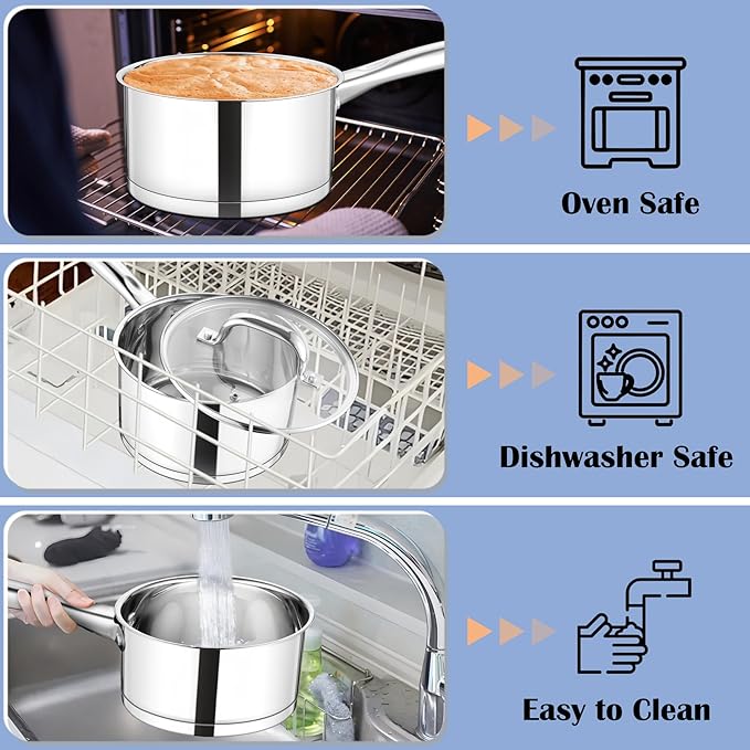 TeamFar Saucepan, 3 qt Stainless Steel Sauce Milk Pan & Lid with Tri-ply Bottom, Home/Kitchen Induction Pot for Cooking/Boiling/Warming/Stewing, Healthy & Heavy Duty, Dishwasher Safe - Image 6