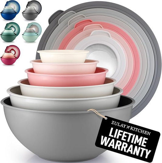 Zulay Kitchen 12 Piece Plastic Mixing Bowls with Lids Set - Colorful Mixing Bowl Set for Kitchen - Nesting Bowls with Lids Set - Microwave and Freezer Safe (Pink Ombre) by ZulayKitchen