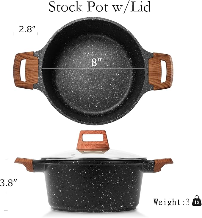 ESLITE LIFE Nonstick Stock Pot with Lid, 3 Quart Granite Casserole Small Soup Pot Pasta Cooking Pot, Induction Compatible, PTFE & PFOA Free, Black - Image 2