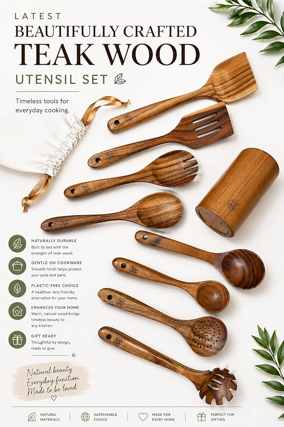 Wooden Cooking Utensils Set – Coki Home 9-Piece Teak Wood Kitchen Utensils with Holder, Nonstick Safe, Plastic-Free, Food-Safe Cooking Tools