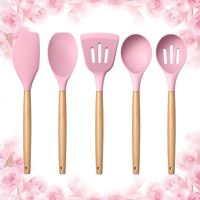 E-far Silicone Cooking Utensils Set, 5-Piece Kitchen Utensils Set with Wooden Handle for Cooking, Silicone Kitchen Nonstick Tools Spatula Turner Slotted Spoons, Nontoxic & Heat Resistant-Pink by E-far