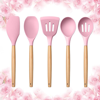 E-far Silicone Cooking Utensils Set, 5-Piece Kitchen Utensils Set with Wooden Handle for Cooking, Silicone Kitchen Nonstick Tools Spatula Turner Slotted Spoons, Nontoxic & Heat Resistant-Pink by E-far
