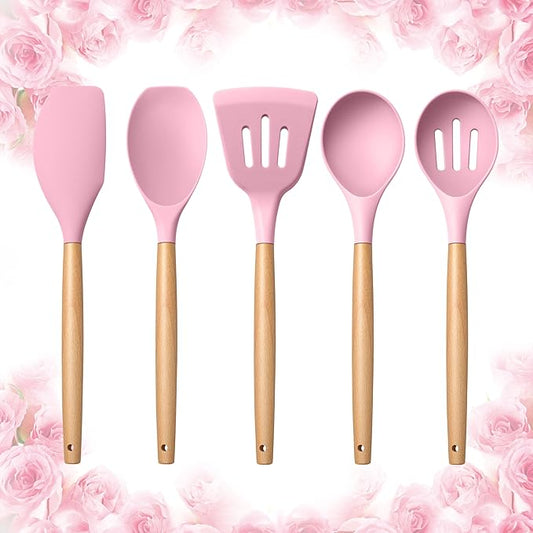 E-far Silicone Cooking Utensils Set, 5-Piece Kitchen Utensils Set with Wooden Handle for Cooking, Silicone Kitchen Nonstick Tools Spatula Turner Slotted Spoons, Nontoxic & Heat Resistant-Pink by E-far