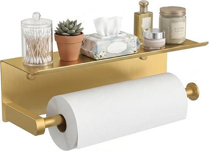 FORIOUS Paper Towel Holder with Shelf, SUS304 Stainless Steel Paper Towel Holder with Storage Shelf, Wall Mount Screw Paper Roll Organizer Commercial Paper Hand Towel Dispensers, Brushed Gold by FORIOUS