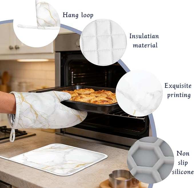 White Gold Marble Pot Holders and Oven Mitts Set Silicone Abstract Marble Kitchen Gloves Potholders Heat Resistant Washable,Chef Cooking Baking Gifts for Women Men Bakers Lover Cooks