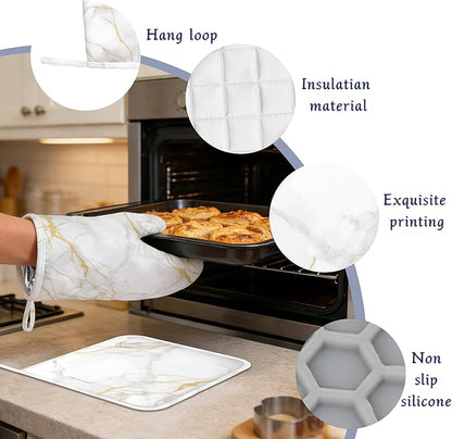 White Gold Marble Pot Holders and Oven Mitts Set Silicone Abstract Marble Kitchen Gloves Potholders Heat Resistant Washable,Chef Cooking Baking Gifts for Women Men Bakers Lover Cooks
