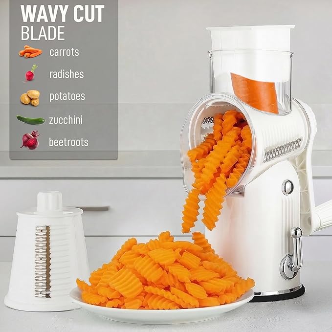 Zulay Kitchen Rotary Cheese Grater 5 Blade Cheese Shredder - Manual Hand Crank Cheese Grater With Reinforced Suction & 5 Interchangeable Drums - Easy to Use, Vegetable Chopper Round Mandoline Slicer - Image 4