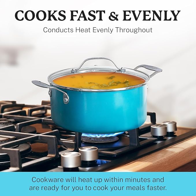 GOTHAM STEEL 15 Pc Ceramic Cookware Set, Ceramic Pots and Pans Set Non Stick with Cooking Utensils and Steamer, Non Toxic PFOA PFOS Free, Premium Stay Cool Handles, Oven & Dishwasher Safe, Blue - Image 5