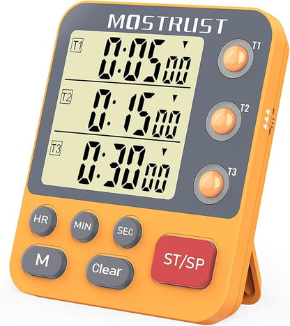Digital Dual Kitchen Timer, 3 Channels Countdown Triple Timer for Cooking, Magnetic Memory-Preset Large Display Adjustable Alarm Volume, Multi Times Management, 3A Battery Included, Orange by MOSTRUST