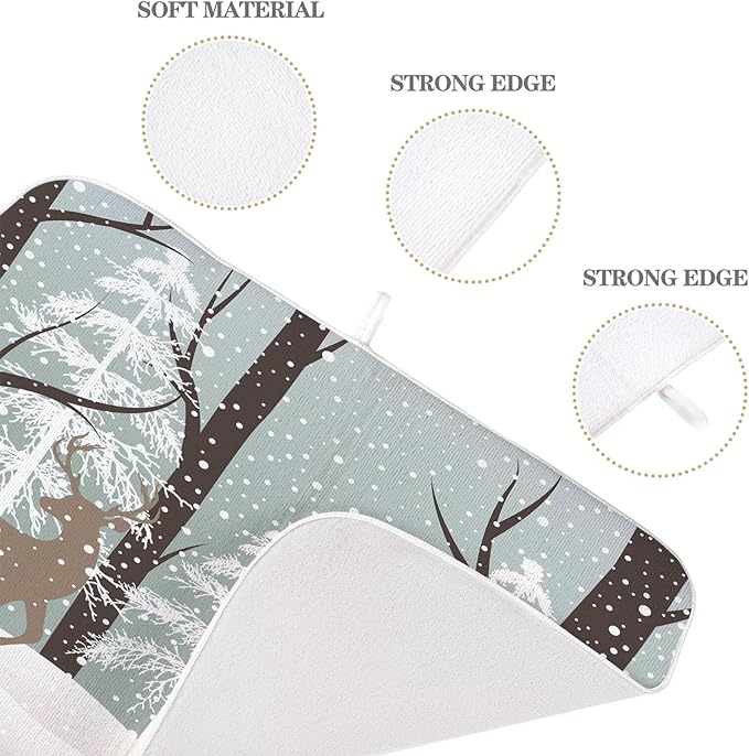 Winter Dish Drying Mat 18 x 24 inch Winter Landscape Snow Tree Deer Decorative Drying Mats Microfiber Absorbent Holiday Dish Washable Draining Mat for Kitchen Counter Decor