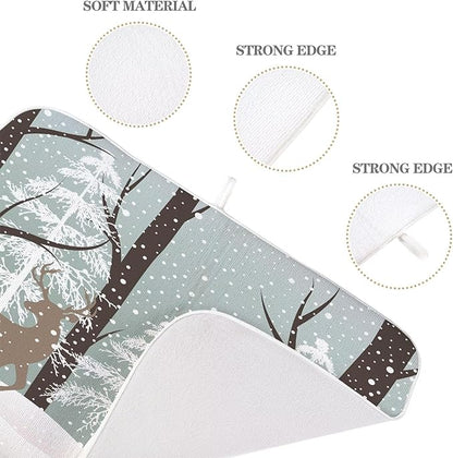Winter Dish Drying Mat 18 x 24 inch Winter Landscape Snow Tree Deer Decorative Drying Mats Microfiber Absorbent Holiday Dish Washable Draining Mat for Kitchen Counter Decor