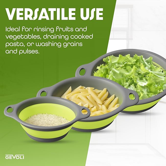 Gevoli 3-Pack Collapsible Colanders with Self-Draining Base, Over Sink-edge Silicone Food Strainers, Small/Med/Large Sizes, Nesting for Easy Compact Storage (3Qt, 4Qt, 5-Quart Set) Green/Gray - Image 6