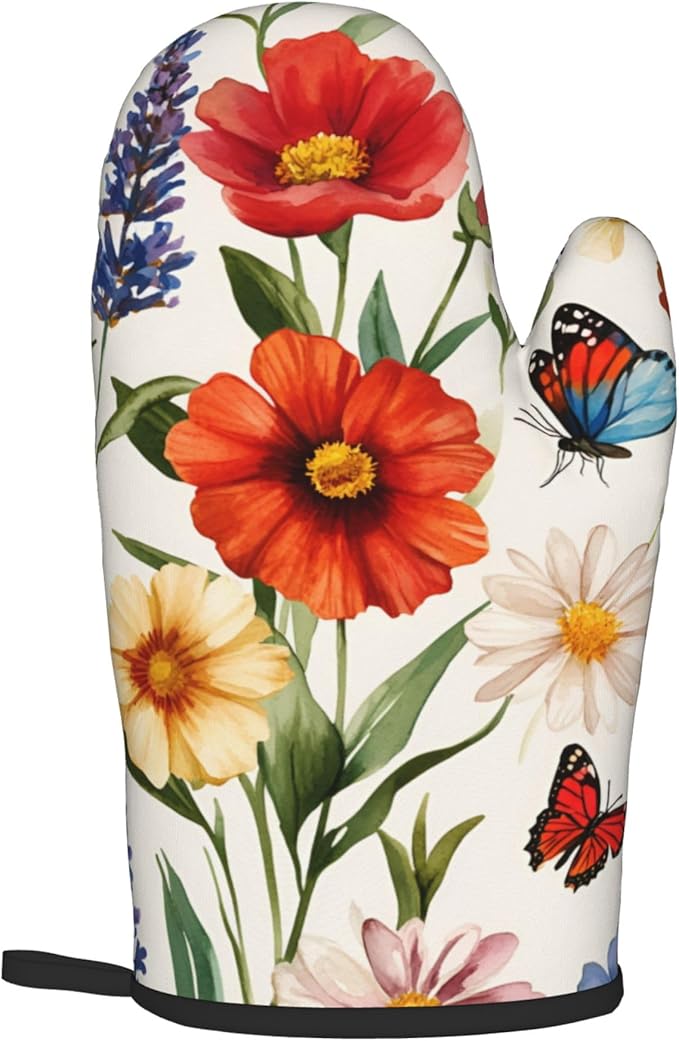 Cute Oven Mitts and Pot Holders Sets Poppy Daisy Flowers Kitchen Gloves Lavender Butterfly Hot Pads 2 Pieces Set Spring Summer Floral Kitchen Decor and Accessories - Image 4