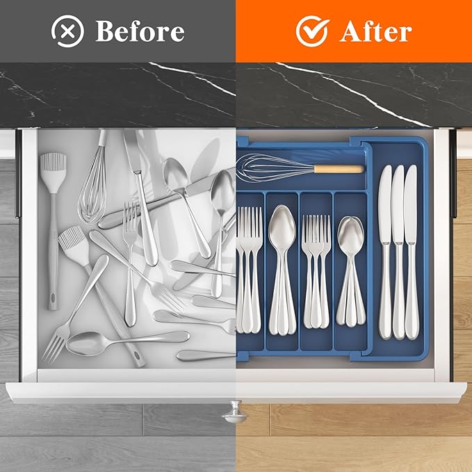Lifewit Silverware Drawer Organizer, Expandable Utensil Tray for Kitchen, BPA Free Flatware and Cutlery Holder, Adjustable Plastic Storage for Spoons Forks Knives, 8.5"-14.1" x 12.1", Dark Blue - Image 4