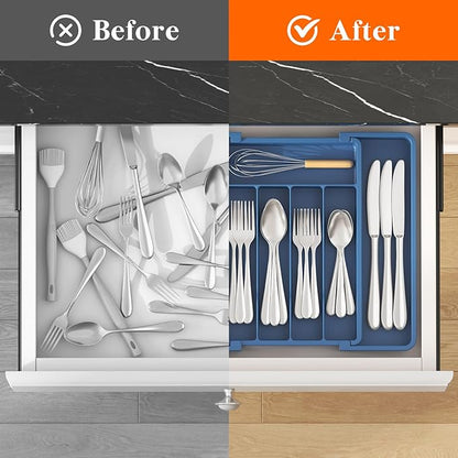 Lifewit Silverware Drawer Organizer, Expandable Utensil Tray for Kitchen, BPA Free Flatware and Cutlery Holder, Adjustable Plastic Storage for Spoons Forks Knives, 8.5"-14.1" x 12.1", Dark Blue - Image 4
