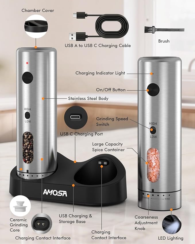 Electric Salt and Pepper Grinder Set, Upgraded 2-Speed Setting, External 6 Adjustable Coarseness, USB C Dual Rechargeable Base, All Stainless Steel Automatic Salt & Pepper Mill Shakers with LED Light - Image 7