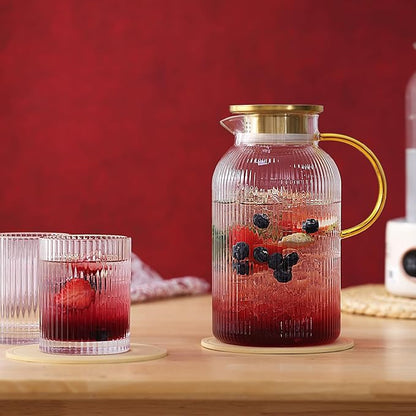 2 Pack Glass Pitchers with Lid and 2 Cups, 68oz/ 2 Liter Glass Water Pitcher with Handle and Lid for Fridge, Iced Tea, Coffee, Borosilicate Glass Carafe for Hot/Cold Brew Drink