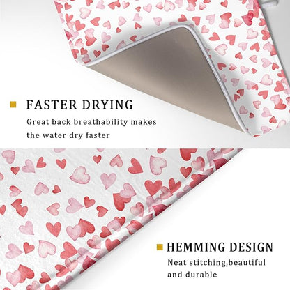 Valentine’s Day Dish Drying Mat for Kitchen Counter 24x18 Inch Watercolor Love Drying Mat with Absorbent Reversible Microfiber Pink Dish Drainer Mats Rack Pad for Coffee Countertop Protector
