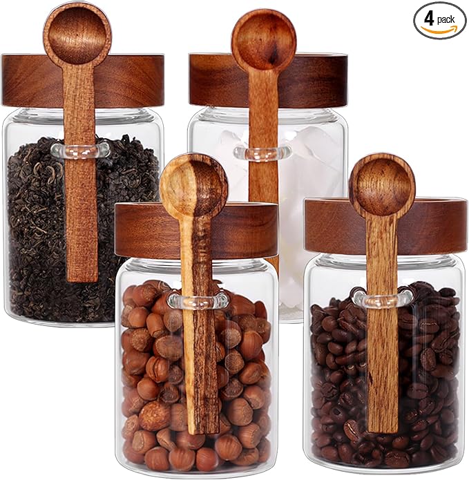 SAIOOL Loose Leaf Tea Storage Canister Set, 4 Pieces 16 OZ Glass Tea Containers with Wooden Lids and Spoons for Loose Tea, Coffee, Sugar, Oatmeal, Herbs (Tea Canisters) by SAIOOL