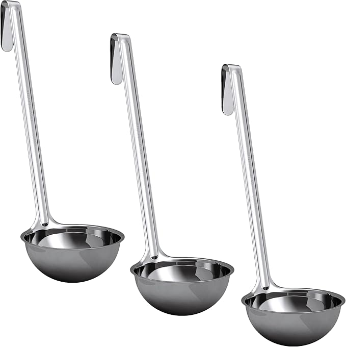 Super Sturdy, Ergonomic 6 Oz. Soup Ladle 3 Pk. Stainless Steel Ladles with Long Handles. Best Kitchen Accessories for Stirring, Portioning and Serving Soups, Chili and Stew in Restaurants and at Home by FoodRestaurantSupplies