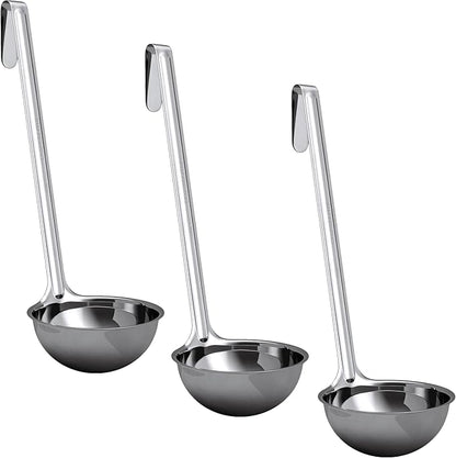 Super Sturdy, Ergonomic 6 Oz. Soup Ladle 3 Pk. Stainless Steel Ladles with Long Handles. Best Kitchen Accessories for Stirring, Portioning and Serving Soups, Chili and Stew in Restaurants and at Home by FoodRestaurantSupplies
