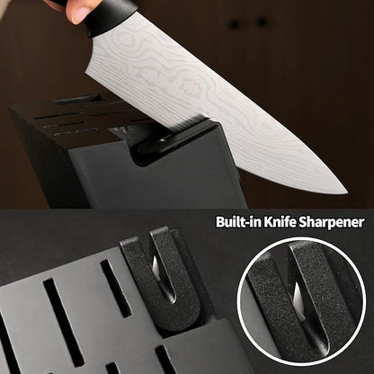 Damascus Pattern 15-Piece Kitchen Knife Set with Block, High Carbon Steel Chef Knife, Includes Sharpener and Scissors, Ergonomic Black Anti-Slip Handle and Red Trim, Perfect for Professionals - Image 4