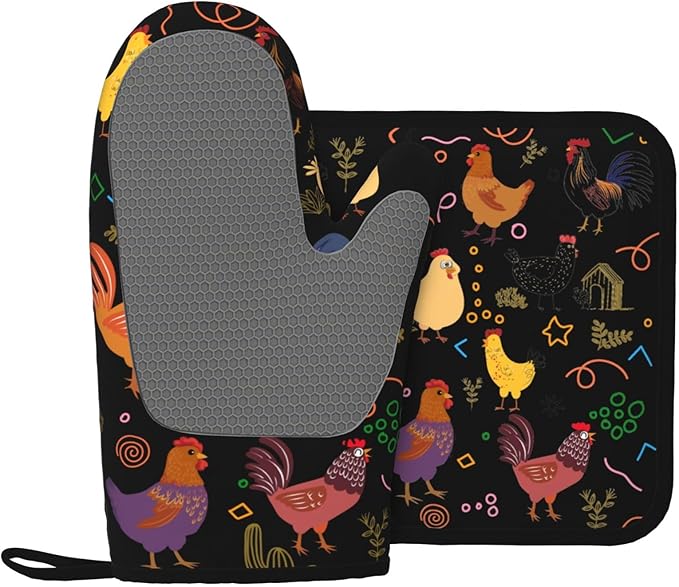Chicken Silicone Oven Mitts Pan Mats Set of 2, Heat Resistant Gloves Potholder with Non-Slip Grips Hanging Loops Pot Holder, Spring Summer for Chef Cooking, Baking, Grilling, BBQ