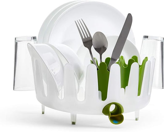 Chef'n Plastic Dish Garden Dish Rack, Compact & Stylish - Ideal for Small Kitchens, Space-Saving Two-Tier Design with Movable Utensil Holders & Drain Spout (White/Green)