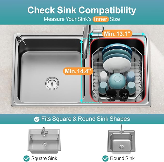 GSlife Small in Sink Dish Drying Rack - Stainless Steel Compact Dish Drainer for RV Kitchen Apartment Sink, Rust Resistant Inside Sink Rack, 1–2 Person Households, 13.1" W x 14.4" L, Silver - Image 3
