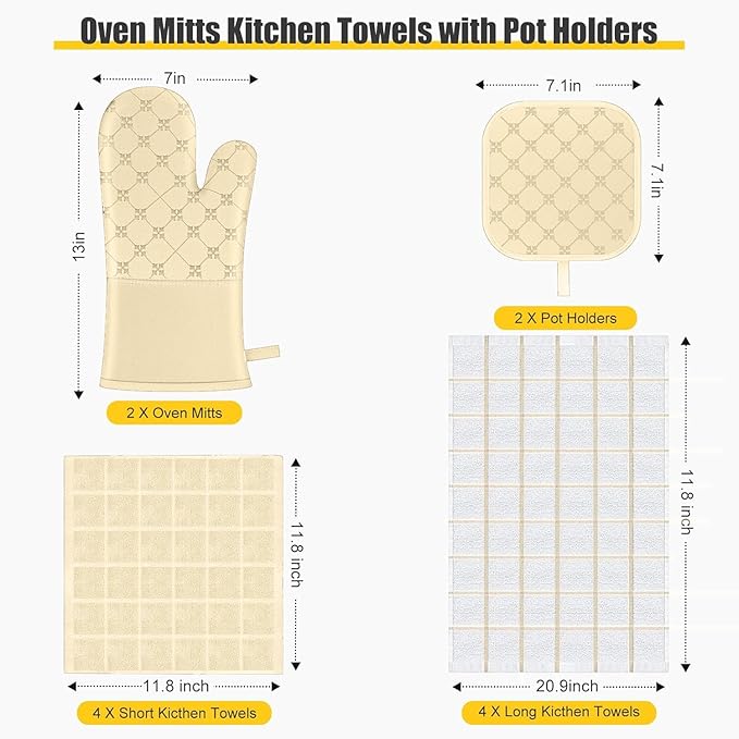 Oven Mitts Kitchen Towels Dishcloths with Pot Holders Sets 12PCS, Dish Towels Sets, Oven Gloves Pot Pads Heat Resistant 500 Degrees with Non-Slip Silicone Surface for Cooking Baking Grilling-Beige - Image 2