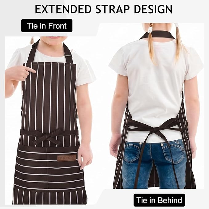 2 Pack Stripes Kids Apron, Kids Cooking Aprons with 2 Pockets, Cute Aprons for Cooking for Boys and Girls