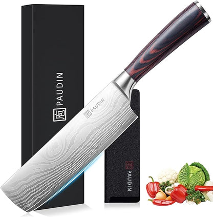 PAUDIN Nakiri Knife - 7" Razor Sharp Meat Cleaver and Vegetable Kitchen Knife, High Carbon Stainless Steel, Multipurpose Asian Chef Knife for Home and Kitchen with Ergonomic Handle by PAUDIN