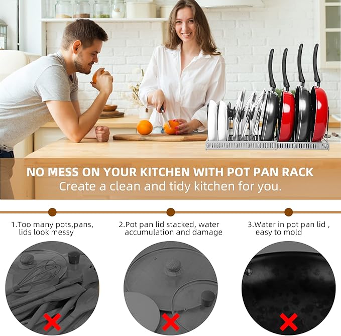 ROOHUA Pot Rack Organizer -Expandable Pot and Pan Organizer for Cabinet,Pot Lid Organizer Holder with 10 Adjustable Compartment for Kitchen Cabinet Cookware Baking Frying Rack Grey - Image 3