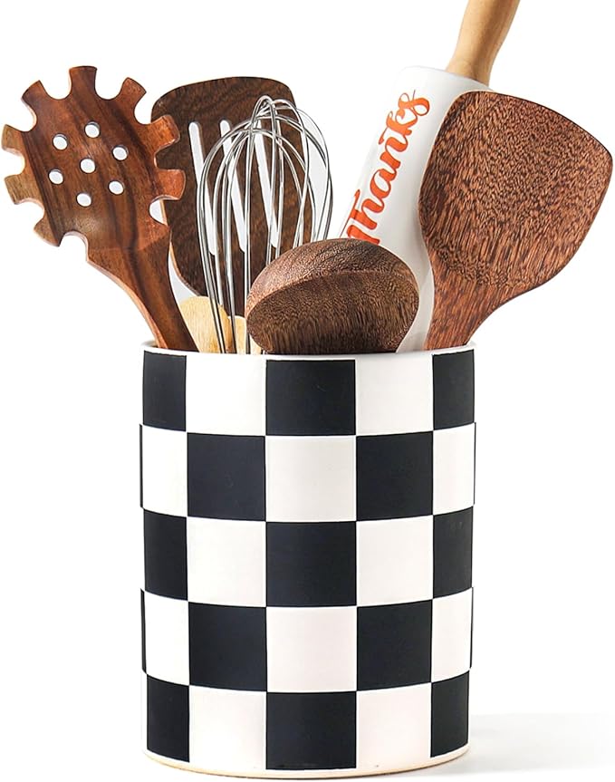 Checkered Kitchen Utensil Holder - 7.2" Ceramic Utensil Crock for Countertop, Kitchen Decor and Accessories for counte (Black) by Swkien