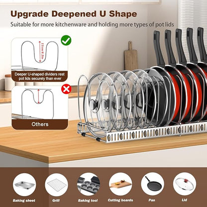 Housolution 2 Pack Pot and Pan Organizer, 12"-23" Expandable Pot Lid Organizer with 14 Adjustable Dividers, Pan Lid Holder Storage Rack for Cabinet, Silver - Image 2