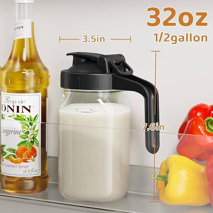 Breast Milk Pitcher, Mason Jar 32 oz, Wide Mouth Jar with Green Flip Cap Lid and Pour Spout, Heavy Duty Airtight Seal for Freshness and Convenience, Great for Cold Beverages and Home Entertaining - Image 2