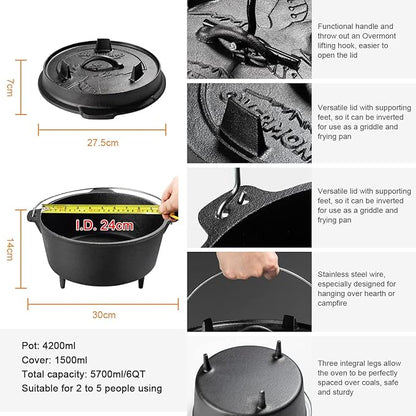 Overmont Camp Dutch Oven Pre Seasoned Cast Iron Lid Also a Skillet Casserole Pot with Lid Lifter for Camping Cooking BBQ Baking 6QT(Pot+Lid) - Image 4
