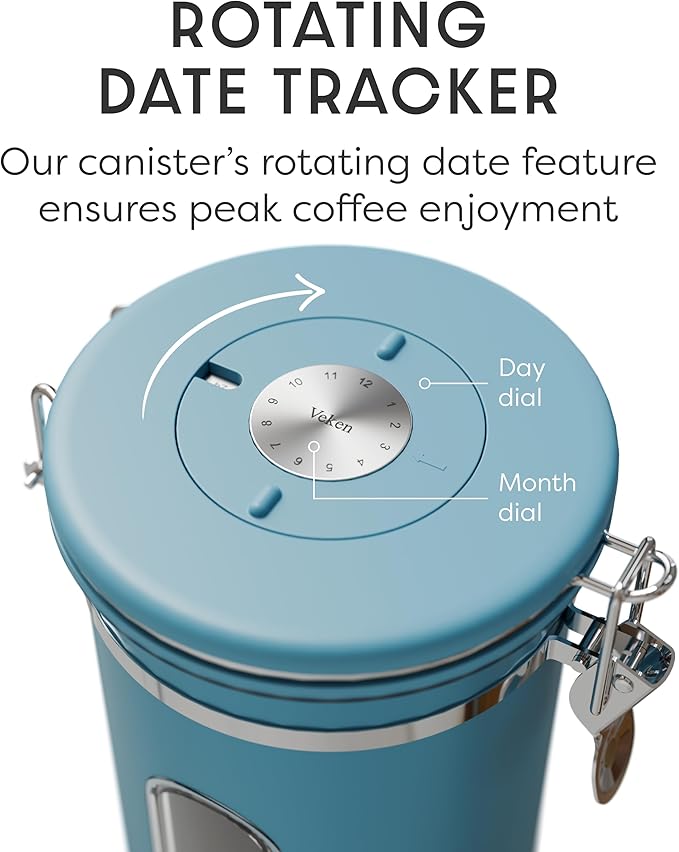 Veken Coffee Canister with Window, Airtight Stainless Steel Kitchen Food Storage Container with Lids, Date Tracker and Scoop for Grounds Coffee, Beans, Tea, Flour, Cereal, Sugar Jars, 22OZ, Blue - Image 6