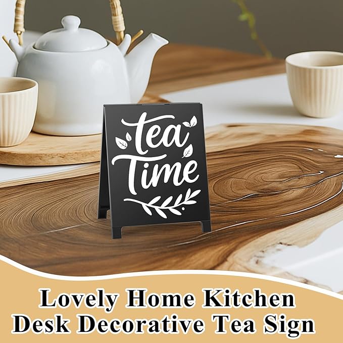 Tea Time Coffee Sign for Cafe Teas Bar Decor Signs Tea Coffee Station Accessories Gift for Coworker Women Men Home Office Kitchen Decor Plaque Table Centerpiece (Black) - Image 6