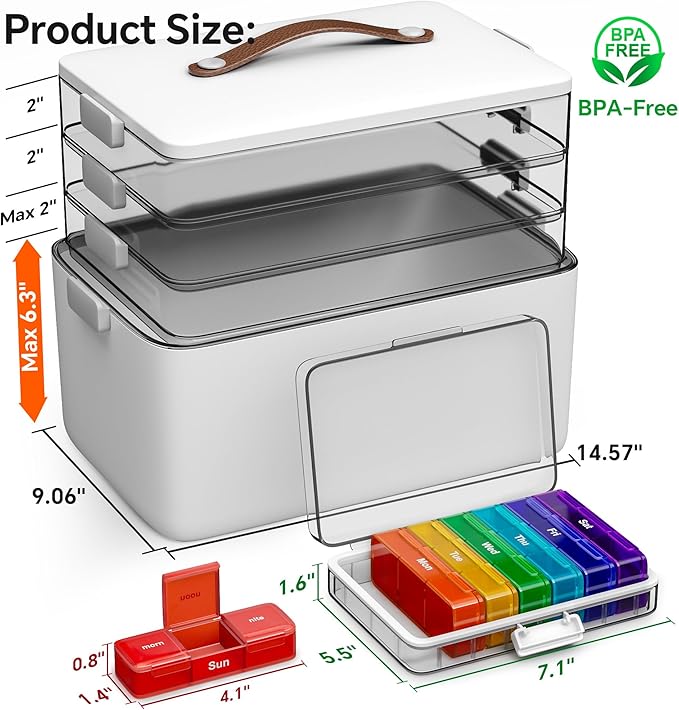 CTIME 4-Tier XL Medicine Organizer with Leather Handle - Portable Pill Case & Empty First Aid Kit for Home, Travel, RV, School, Dorm | Ideal Elderly Gift - Image 4