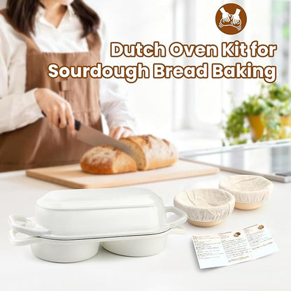 YONILL Mini Double Dutch Oven for Sourdough Bread Baking - Enameled Cast Iron Dutch Oven Pot with Lid and 5" Banneton Bread Proofing Basket Kit, Dual Round Bread Loaf Pan for Homemade Baking (White) - Image 7