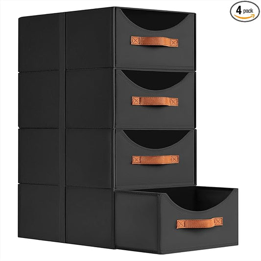 Homsorout Closet Organizers and Storage - Large Stackable Storage Bins with Drawer, Fabric Bins for Organization, Collapsible Storage Drawers Organizer for Bedroom, Living Room, 4 Pack, Black