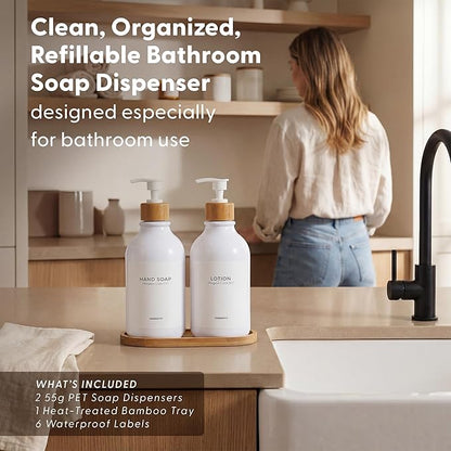 MaisoNovo Soap Dispenser Bathroom Set of 2-16.9 oz Bathroom Soap Dispenser Set - White Plastic Bottles x 2 with White Bamboo Pumps & Tray